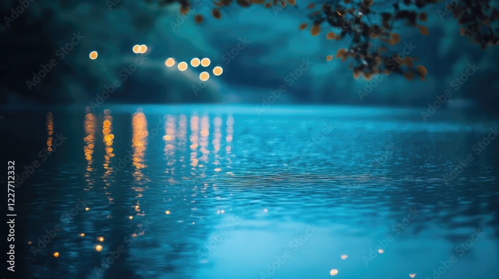Poster tranquil blue lake reflecting soft lights with a serene blurred background creating a peaceful atmos