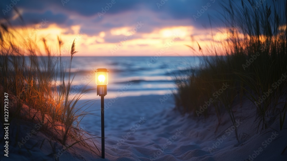 Poster tranquil coastal path illuminated by a torch, leading to a serene ocean at sunset with gentle waves 