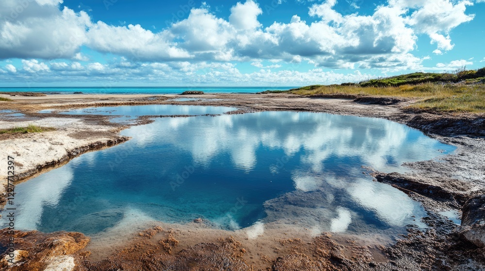 Aufkleber tranquil geothermal mud pool reflecting clouds and ocean view in a serene coastal landscape under a 