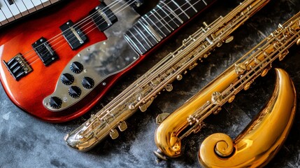 Naklejka premium Close up shot of a bass guitar, electric guitar, and two saxophones arranged on a dark textured surface. The instruments are polished and display