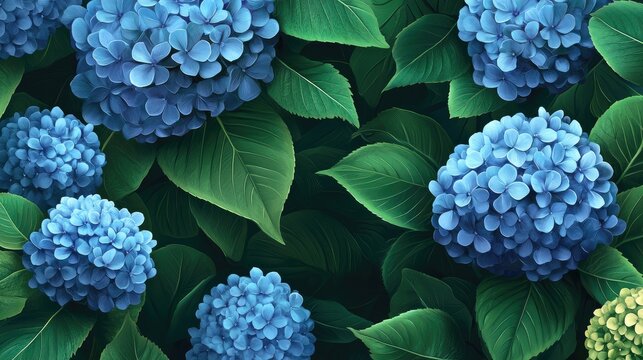 Vibrant Blue Hydrangea Flowers Surrounded by Lush Green Leaves on Dark Background for Nature and Floral Designs - Powered by Adobe