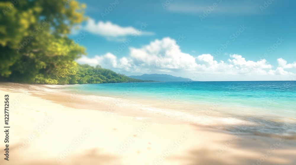 Poster Tranquil Beach Scene with Soft Focus and Bokeh Effect Highlighting Coastline and Sky