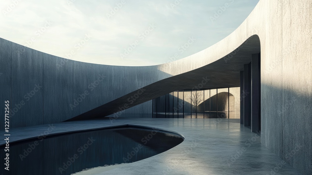 Poster Modern Architectural Concrete Wall with Curved Design and Reflective Pool