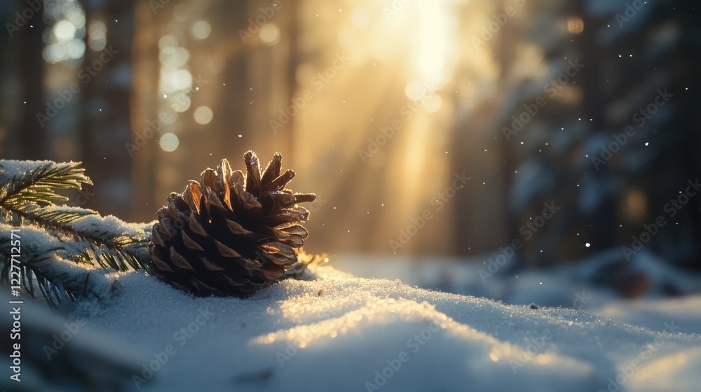 Aufkleber Close up of a tranquil evergreen pine cone resting on snow illuminated by warm sunlight in a serene forest setting during winter.