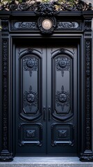An intricately designed black door with ornate details.