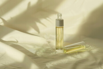 Fototapeta premium Essential oil bottles on soft fabric