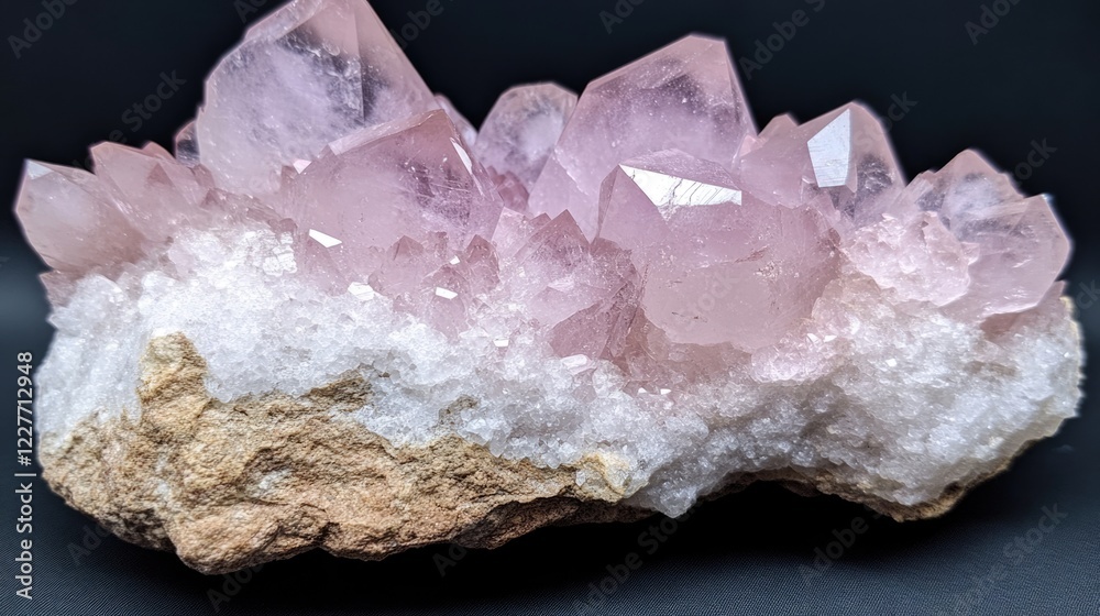 Poster rose quartz crystal clusters showcasing rough surface details and sparkling facets against a dark ba