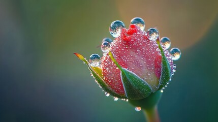 Dew-kissed rosebud, garden sunrise, bokeh background, nature photography
