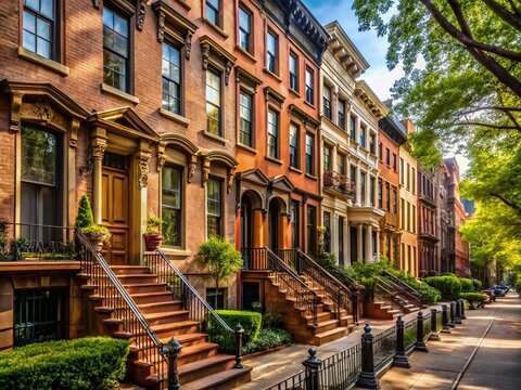 Brooklyn Heights Brownstone Row Houses, Classic NYC Architecture, High-Resolution Stock Photo