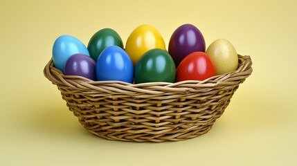 Brightly colored Easter eggs arranged in a decorative wicker basket on a pastel background