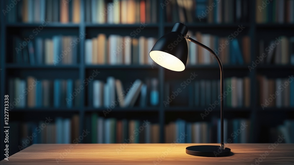 Poster Modern Desk Lamp Illuminating Dark Room with Bookshelf Creating a Cozy Ambience for Reading and Study Sessions