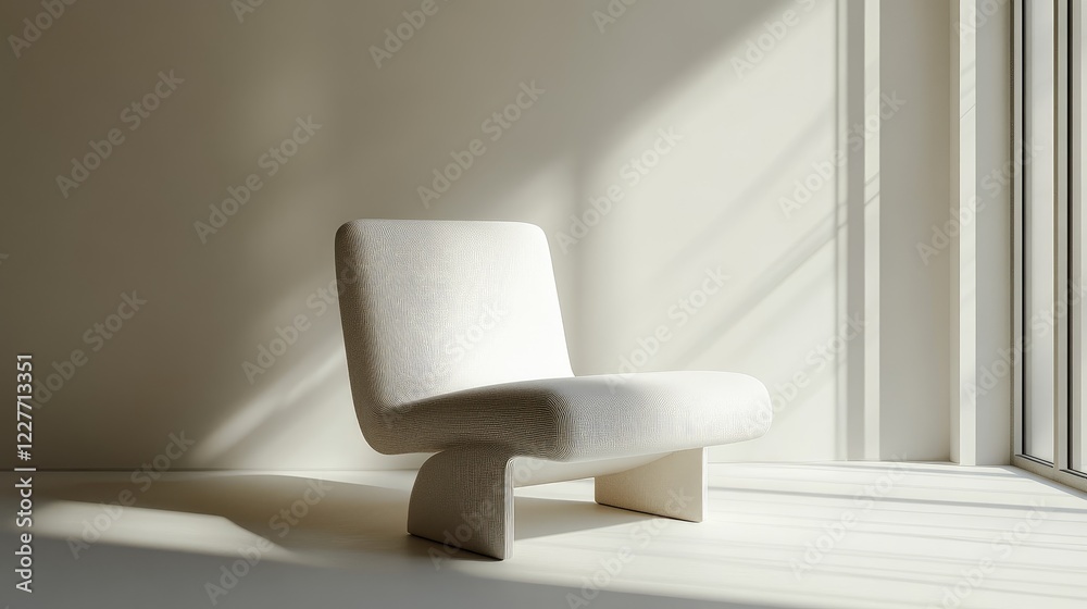 Poster minimalist chair design showcasing sleek lines in a serene interior space with natural light and sof