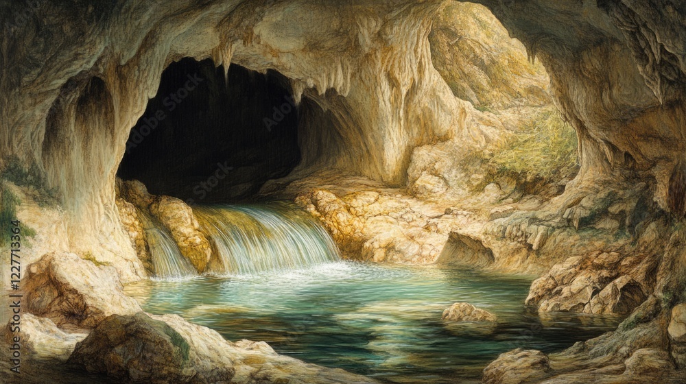 Poster tranquil cave landscape featuring a gentle waterfall cascading into a crystal-clear pool surrounded 