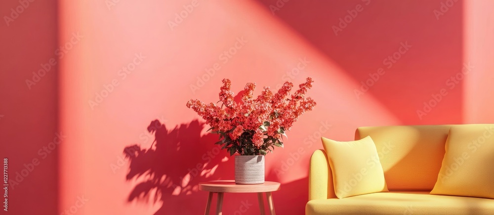 Poster bright coral living room with yellow sofa and floral arrangement on wooden table inviting atmosphere