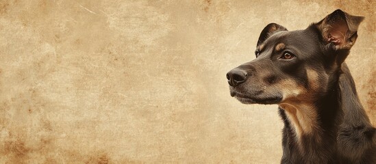 Rescue dog portrait in sepia tones with darkened fur and empty space for text capturing an old world atmosphere and emotion.