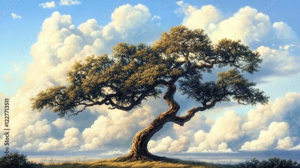 Poster sleek hardwood tree with expansive branches under a vibrant sky adorned with soft, fluffy clouds in 