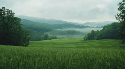 Obraz premium Lush Green Rolling Fields Under Overcast Skies with Misty Hills in the Background