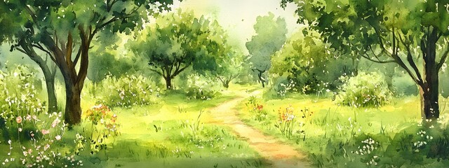 Watercolor landscape with green grass, trees, and flowers in the background, and a road path
