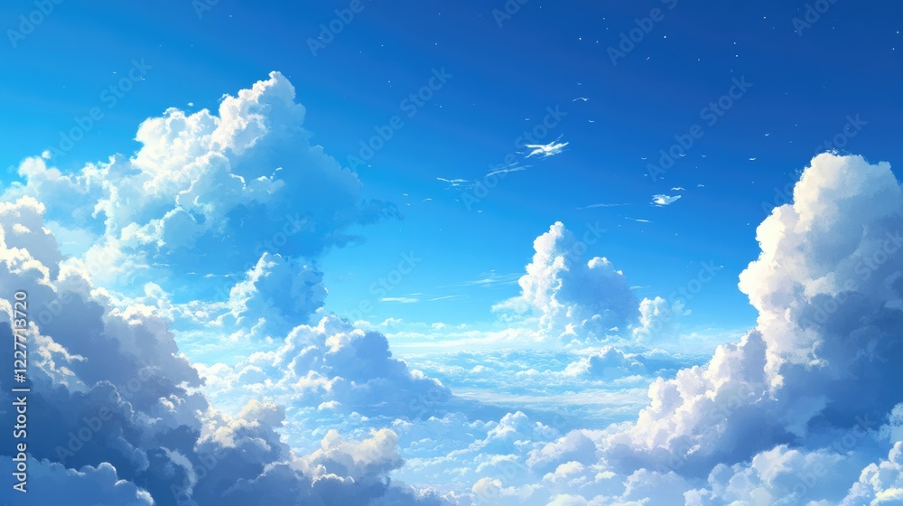 Aufkleber Serene blue sky with fluffy white clouds creating a tranquil and peaceful backdrop for various creative projects.