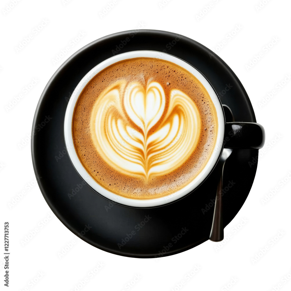 Poster a top-down view of a latte in a black cup and saucer showcasing intricate foam art.