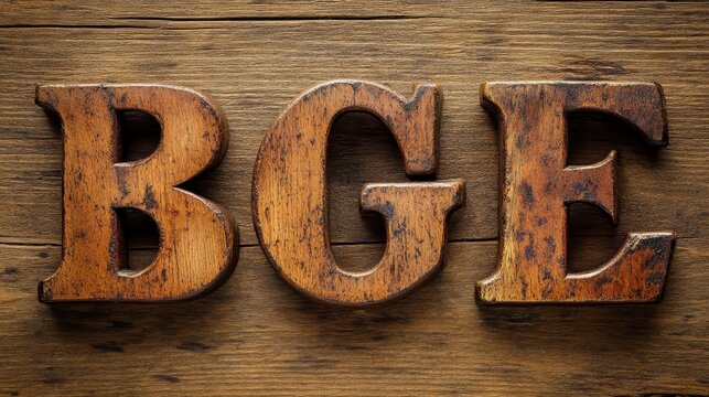 Wooden letters spelling BGE on a rustic brown wood background. The letters are dark brown with visible grain and texture. Close up view