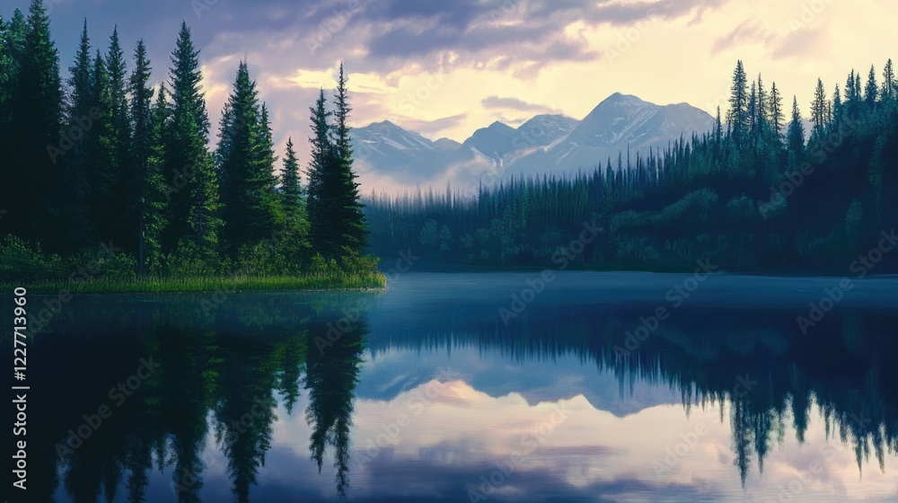 Poster tranquil dusk scene with trees reflecting on calm lake surrounded by mountains in a serene wildernes