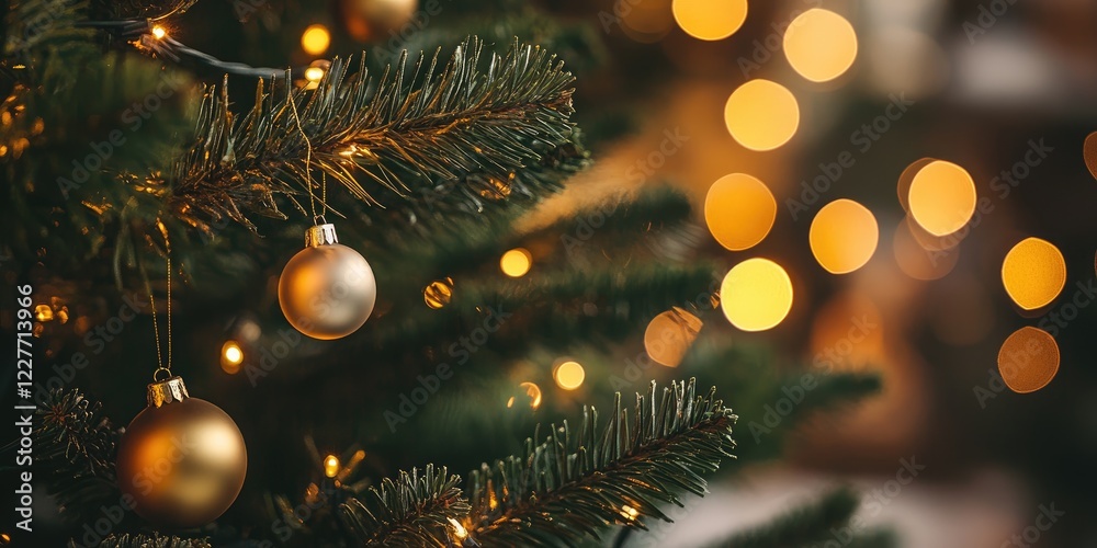 Poster Elegant Christmas tree decor with soft lighting and cozy atmosphere showcasing natural elements and ample copy space for text.