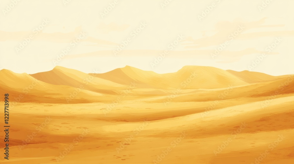 Poster Serene golden sand dunes in a vast desert landscape under a soft hazy sky creating a tranquil natural scene.