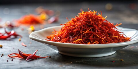 Saffron-infused dish with multiple drips, plate, spices, aroma
