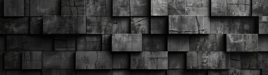 Seamless grunge dark black anthracite grey gray square mosaic concrete cement stone wall tiles pattern texture wide background banner panoramic panorama