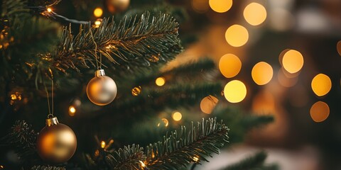 Elegant Christmas tree decor with soft lighting and cozy atmosphere showcasing natural elements and ample copy space for text.