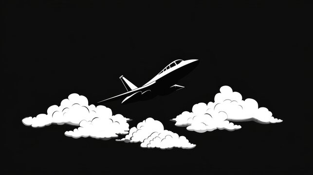 Airplane silhouette soaring above fluffy clouds in a stark black background illustration - Powered by Adobe