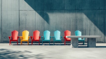 Vibrant Adirondack chairs in a modern setting showcasing colorful design against a sleek concrete background for outdoor decor inspiration
