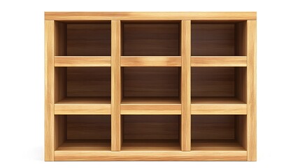 15. A wooden bookshelf with neat compartments and a natural finish, isolated on white
