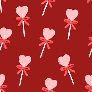 Seamless pattern with heart shaped caramel lollipop with ribbon bow. Holiday background of sweet candy stick. Happy valentine day confection. Symbol of love. Flat vector illustration on red background