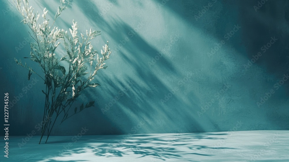 Poster elegant teal background with soft shadows and light beams highlighting delicate foliage in a serene 