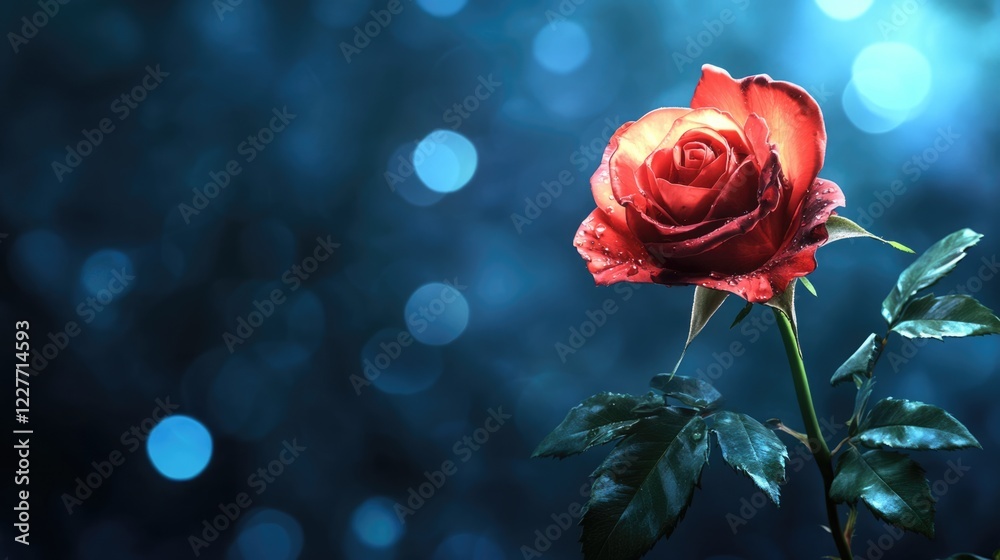 Aufkleber Elegant red rose on a soft blue bokeh background with ample space for text or design elements. Perfect for romantic or floral themes.