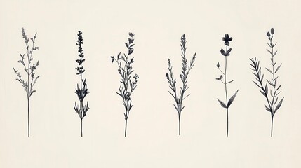 Obraz premium Seven minimalist black and white illustrations of stylized plants on a beige background. Simple line art, botanical theme, nature illustration