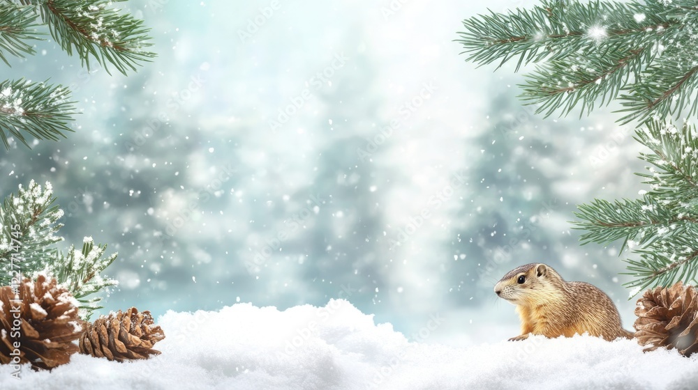 Aufkleber winter landscape featuring snow-covered ground with pine branches and cones, showcasing a marmot and