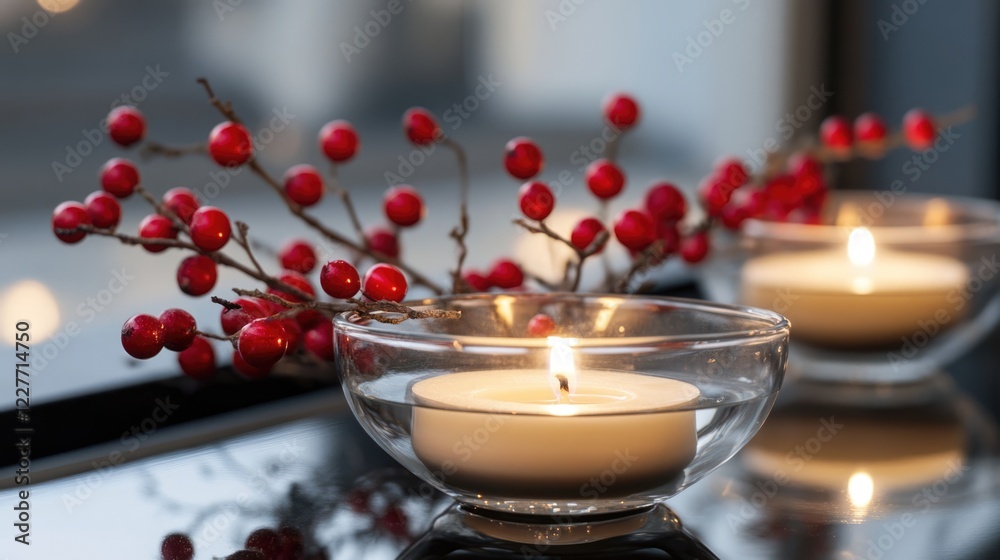 Aufkleber Tranquil Christmas setting featuring floating candles surrounded by red berries in glass holders illuminated by soft ambient light.