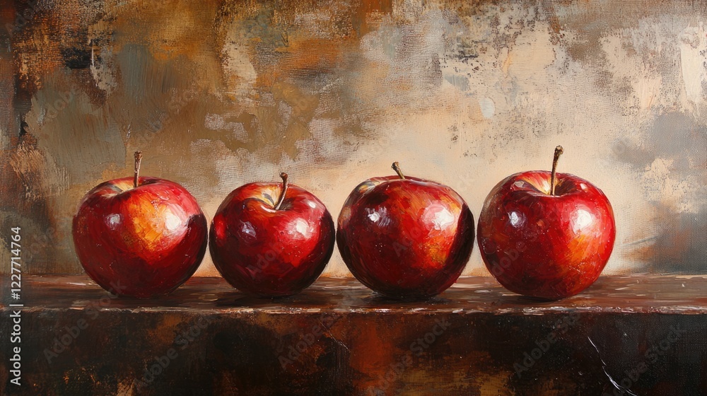 Poster Ripe red apples arranged artfully on a wooden shelf with a warm textured background creating a serene and inviting atmosphere.