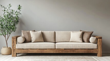 Fototapeta premium Scandinavian style living room with wooden sofa, cozy decor, and fresh greenery highlighting an empty wall for design mockups