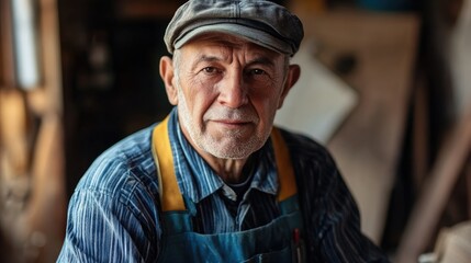 Experienced carpenter in cap and uniform working diligently with scratch tool in rustic workshop setting