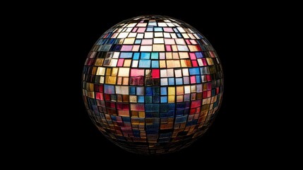 Colorful Disco Ball with Reflective Mosaic Tiles on Black Background for Creative Studio Photography Use