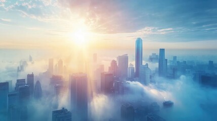 Sunbeams breaking through the fog highlight towering skyscrapers, crafting a stunning cityscape at dawn, where the urban landscape merges with the tranquil morning atmosphere