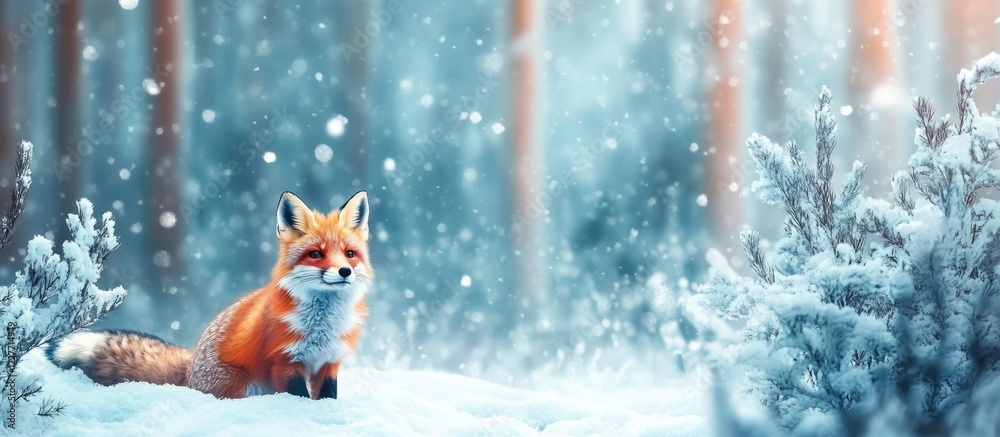 Aufkleber Fox sitting in a snowy winter forest with a blurred background and ample space for text or graphics in a serene, tranquil setting