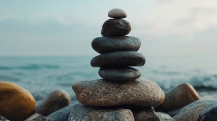 Fototapeta premium Balanced Stones Symbolizing Serenity and Mindfulness on a Peaceful Beach Landscape