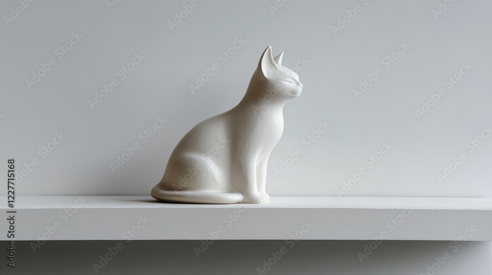 Poster minimalist ceramic cat sculpture elegantly displayed on a simple shelf against a neutral background.