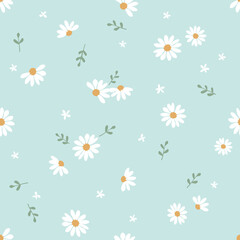 Obraz premium Seamless pattern with daisy chamomile flower and branch on green background vector.