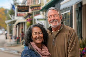 Portrait of a smiling multiethnic couple in their 70s sporting a long-sleeved thermal undershirt while standing against charming small town main street